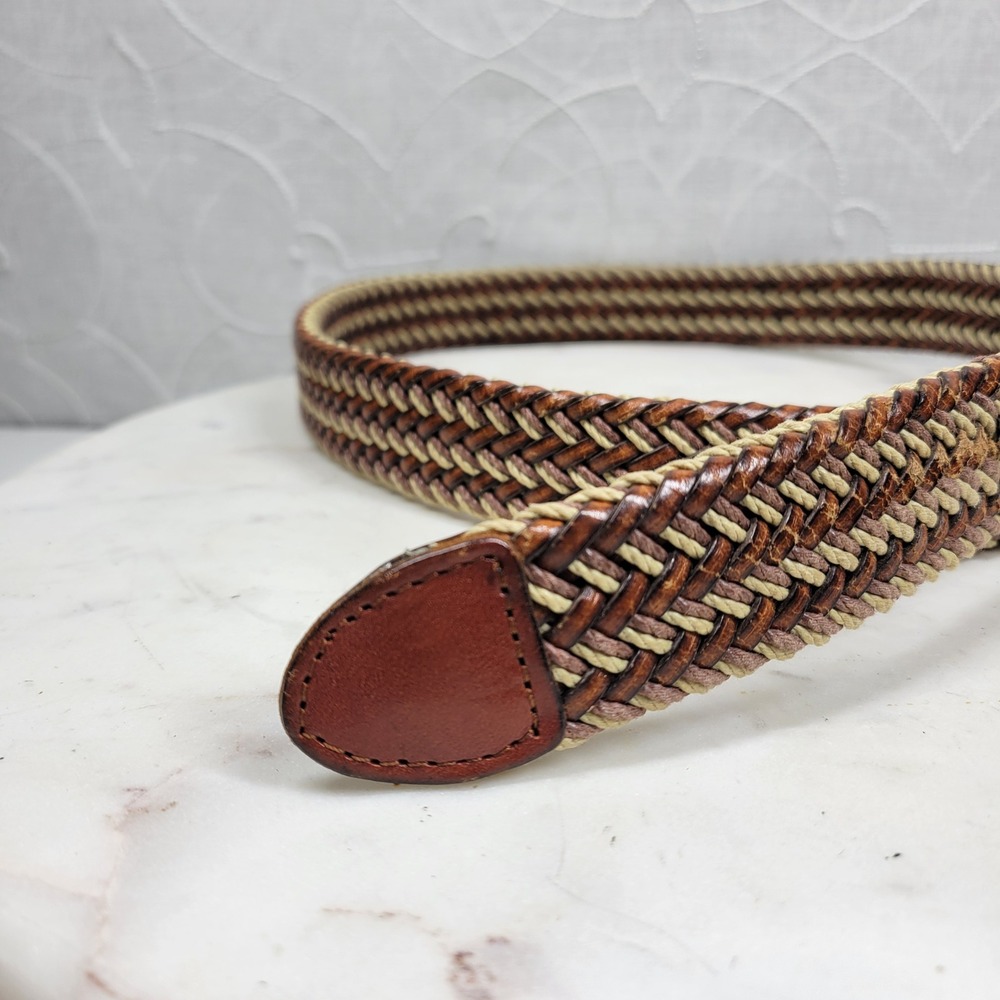 Arden Preppy Braided Leather Belt Size 36 Brown Tan Stretch Woven Brass Buckle - Picture 8 of 13